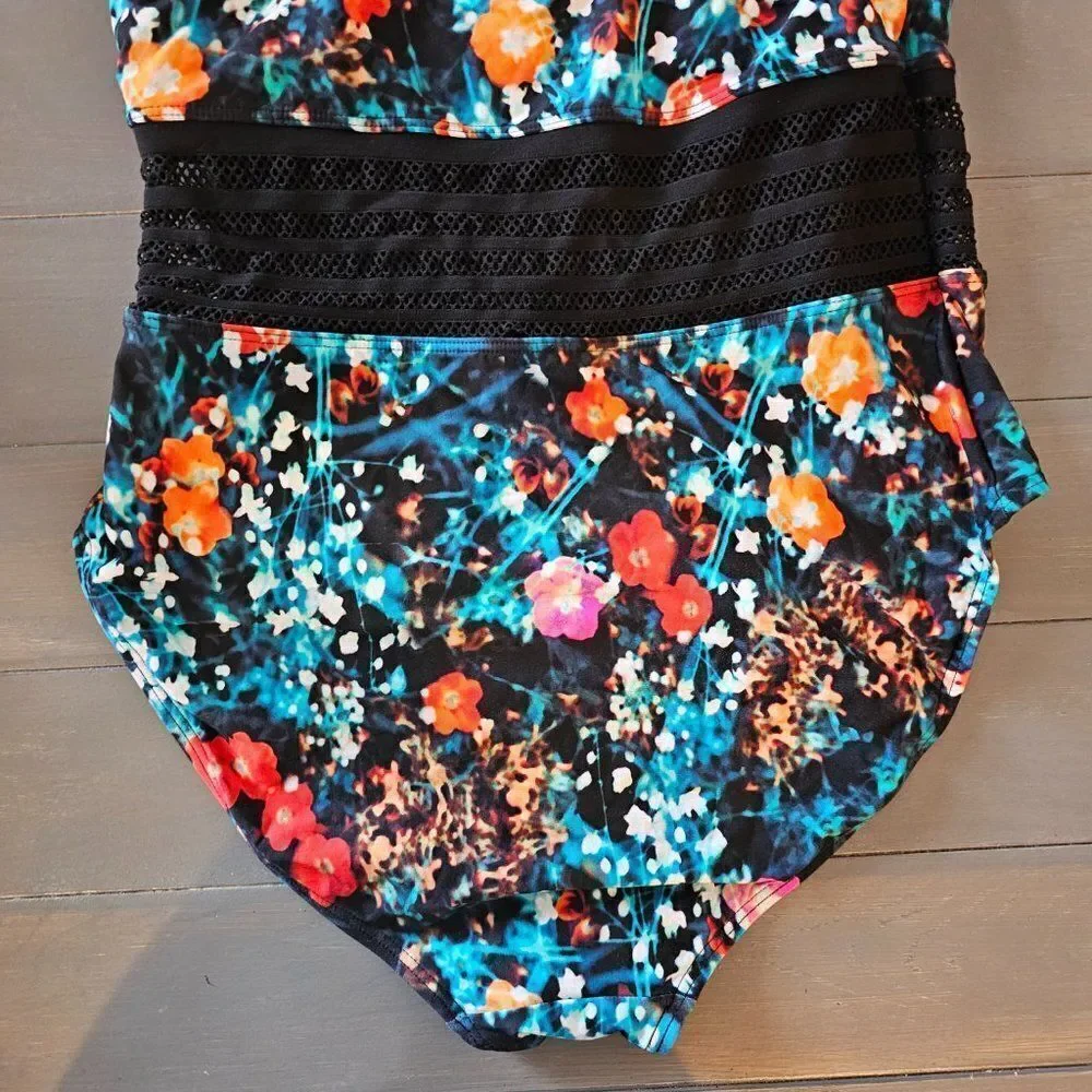Calvin Klein Women's Floral Poppy Mesh Inset Panel One Piece Swimsuit Size 14